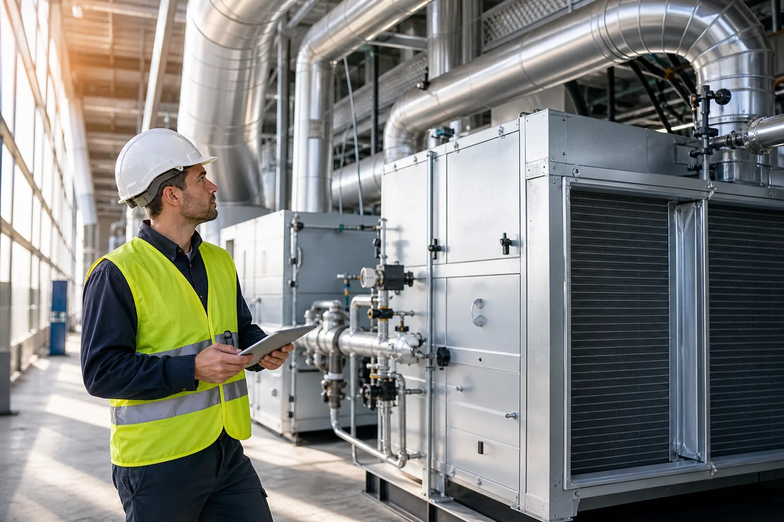 Inżynier sprawdzający efektywność instalacji HVAC w zakładzie (obraz wygenerowany przez AI)